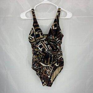 Magicsuit Women 8 One Piece Swimsuit Brown Geometric Print Swim Beach Nautical